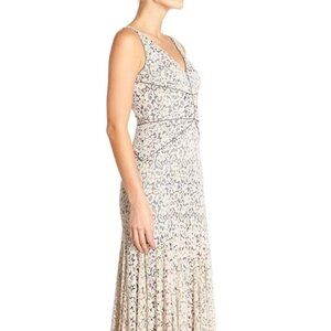Vera Wang Lace Maxi Dress Beige Gray Piped V-Neck Formal Gown Womens 12 NWT